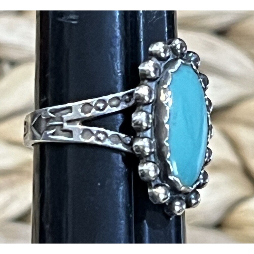 Navajo Sleeping Beauty Turquoise Sterling Silver Ring Sz 6.75 Beaded Stamped - Picture 2 of 6